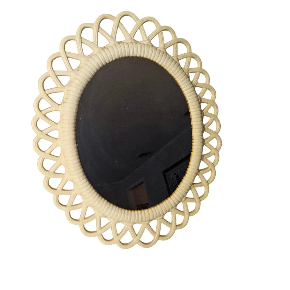 Vintage Cream Oval Burwood Plastic Mirror Decorative Vanity Tabletop Cottage